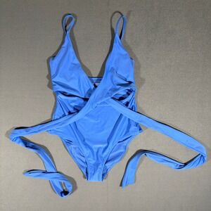 Aerie Womens Blue Heaven Shine Pique Wrap Scoop One Piece Swimsuit Medium NWT